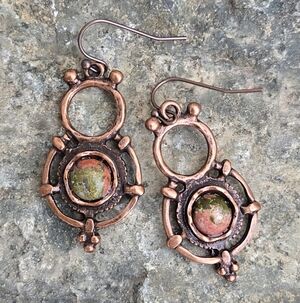 Primitive Elegance Natural Unakite In Forged Antique Copper Earrings